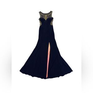 Betsey Adams navy Crystal embellished mesh front & back formal gown Dress sz 2